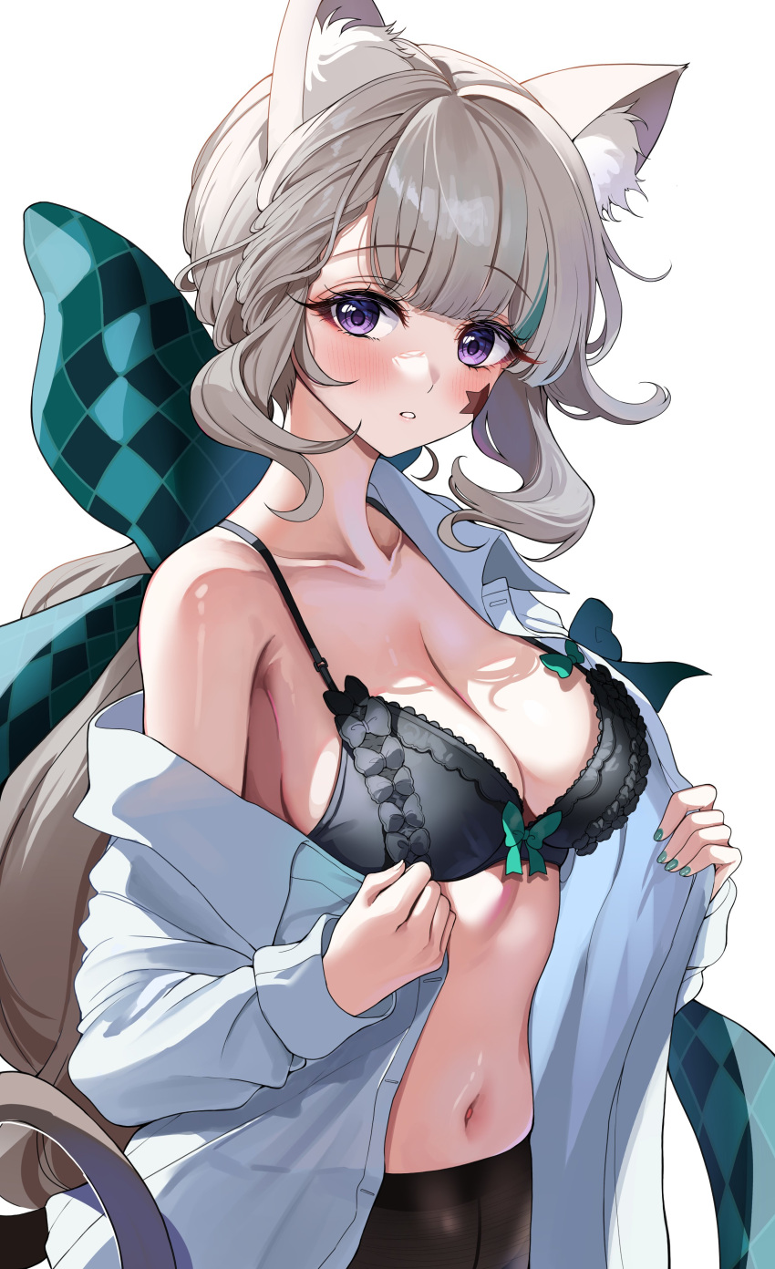 1girl absurdres animal_ears argyle argyle_bow bare_shoulders blush bow breasts brown_pantyhose cat_ears cat_girl cat_tail cleavage cleavage_cutout clothing_cutout collarbone collared_shirt commentary dress_shirt facial_mark genshin_impact green_bow grey_hair highres large_breasts long_hair looking_at_viewer lynette_(genshin_impact) navel open_clothes open_shirt pantyhose ponytail purple_eyes sak_(lemondisk) shirt sidelocks solo star_(symbol) star_facial_mark symbol-only_commentary tail white_shirt