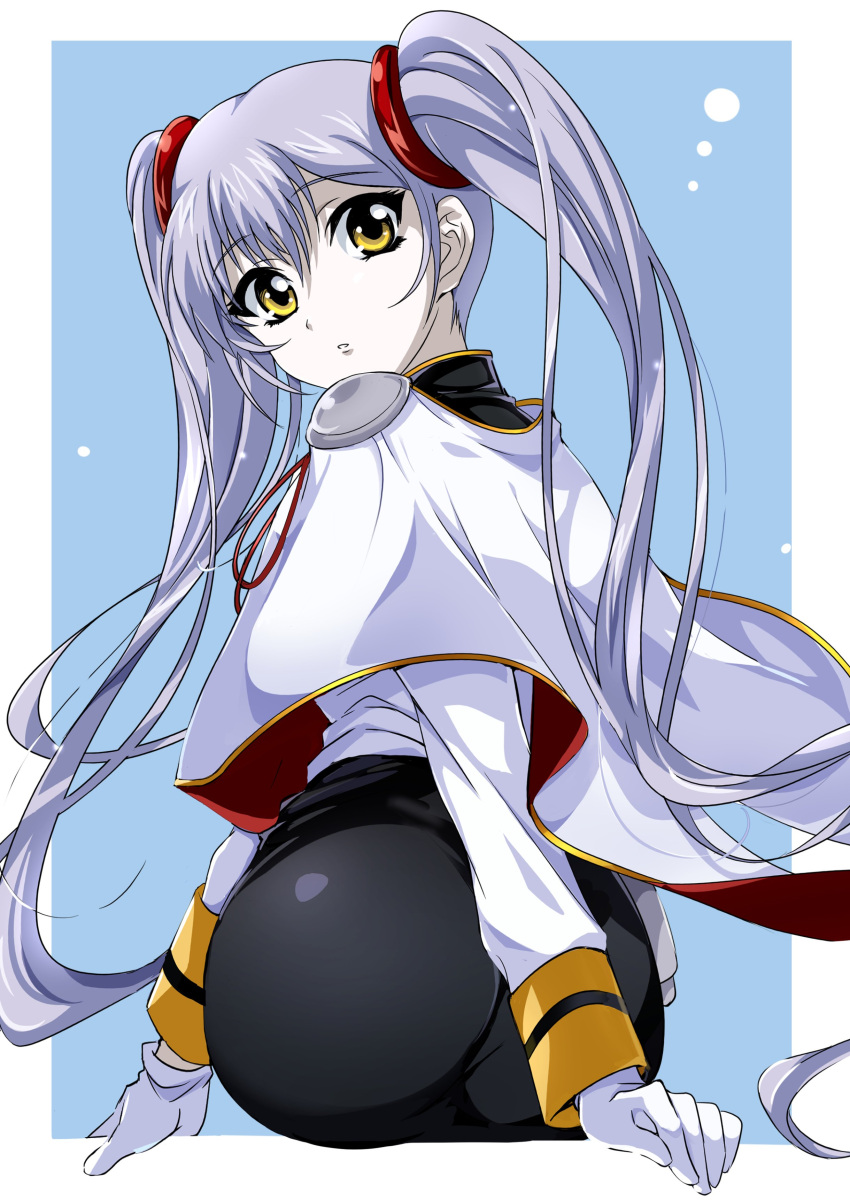 1girl absurdres black_skirt grey_hair highres hoshino_ruri kidou_senkan_nadesico long_hair looking_at_viewer looking_back pencil_skirt skirt solo tokiani twintails uniform very_long_hair yellow_eyes