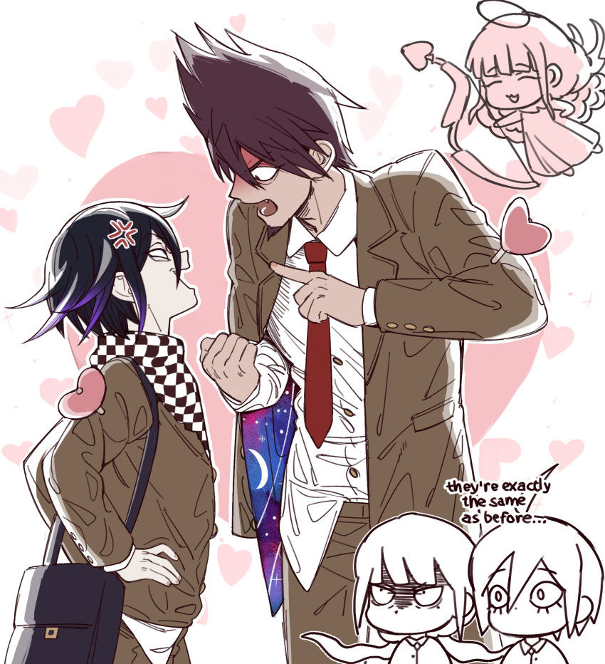 2girls 3boys :d ahoge anger_vein angry bag black_bow bow brown_jacket checkered_clothes checkered_scarf collared_shirt danganronpa_(series) danganronpa_v3:_killing_harmony dress_shirt english_text facial_hair goatee hair_between_eyes halo harukawa_maki heart highres jacket low_twintails male_focus miri_(bossu_osu) momota_kaito multiple_boys multiple_girls necktie oma_kokichi open_clothes open_jacket profile red_necktie saihara_shuichi scarf shirt shoulder_bag smile spiked_hair teeth twintails white_shirt yonaga_angie