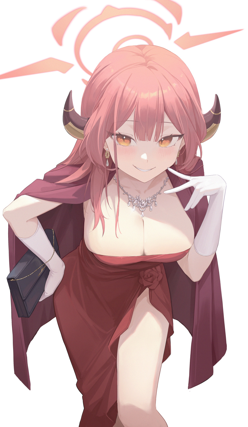 1girl absurdres aru_(blue_archive) aru_(dress)_(blue_archive) blue_archive breasts brown_horns cleavage demon_horns dress earrings feet_out_of_frame gloves highres horns jewelry large_breasts long_hair midori_xu necklace official_alternate_costume pink_hair red_dress simple_background solo strapless strapless_dress white_background white_gloves yellow_eyes