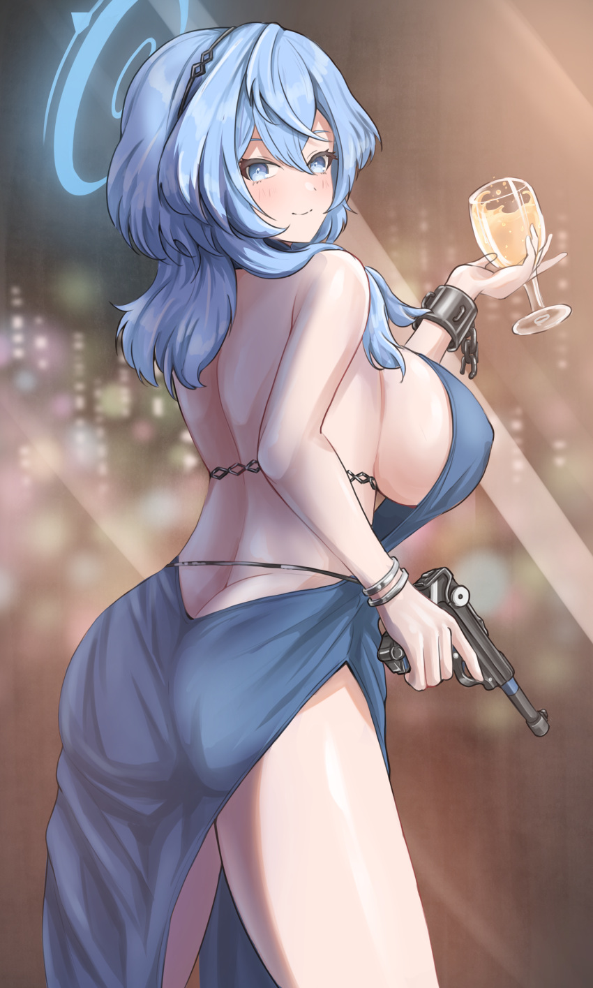 1girl absurdres ako_(blue_archive) ako_(dress)_(blue_archive) alcohol ass backless_dress backless_outfit blue_archive blue_dress blue_eyes blue_hair blurry blurry_background breasts broken broken_chain chain closed_mouth cuffs cup dress drinking_glass from_behind gun hair_between_eyes halo handgun highres holding holding_cup holding_gun holding_weapon large_breasts long_hair looking_back luger_p08 median_furrow panzerboy shackles side_slit sideboob solo weapon wine wine_glass