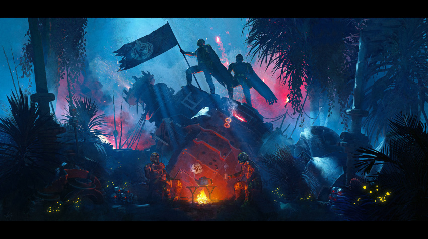 4boys absurdres bullet_hole campfire cape flag flagpole flare glowing helldiver_(helldivers) helldivers_(series) helmet highres holding holding_flag lionel_schramm mecha multiple_boys outdoors robot scenery sitting standing teapot tree wide_shot