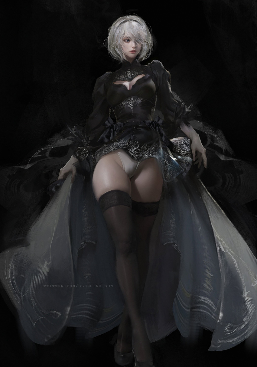 1girl 2b_(nier:automata) absurdres adapted_costume black_background black_dress black_footwear black_hairband black_thighhighs bleeding_sun blue_eyes breasts cleavage_cutout clothing_cutout collared_dress dress gloves grey_hair hair_over_one_eye hairband highleg highleg_leotard highres juliet_sleeves large_breasts leotard leotard_under_clothes lips long_sleeves looking_ahead mole mole_under_mouth nier:automata nier_(series) puffy_sleeves short_hair solo standing thighhighs twitter_username white_gloves white_leotard