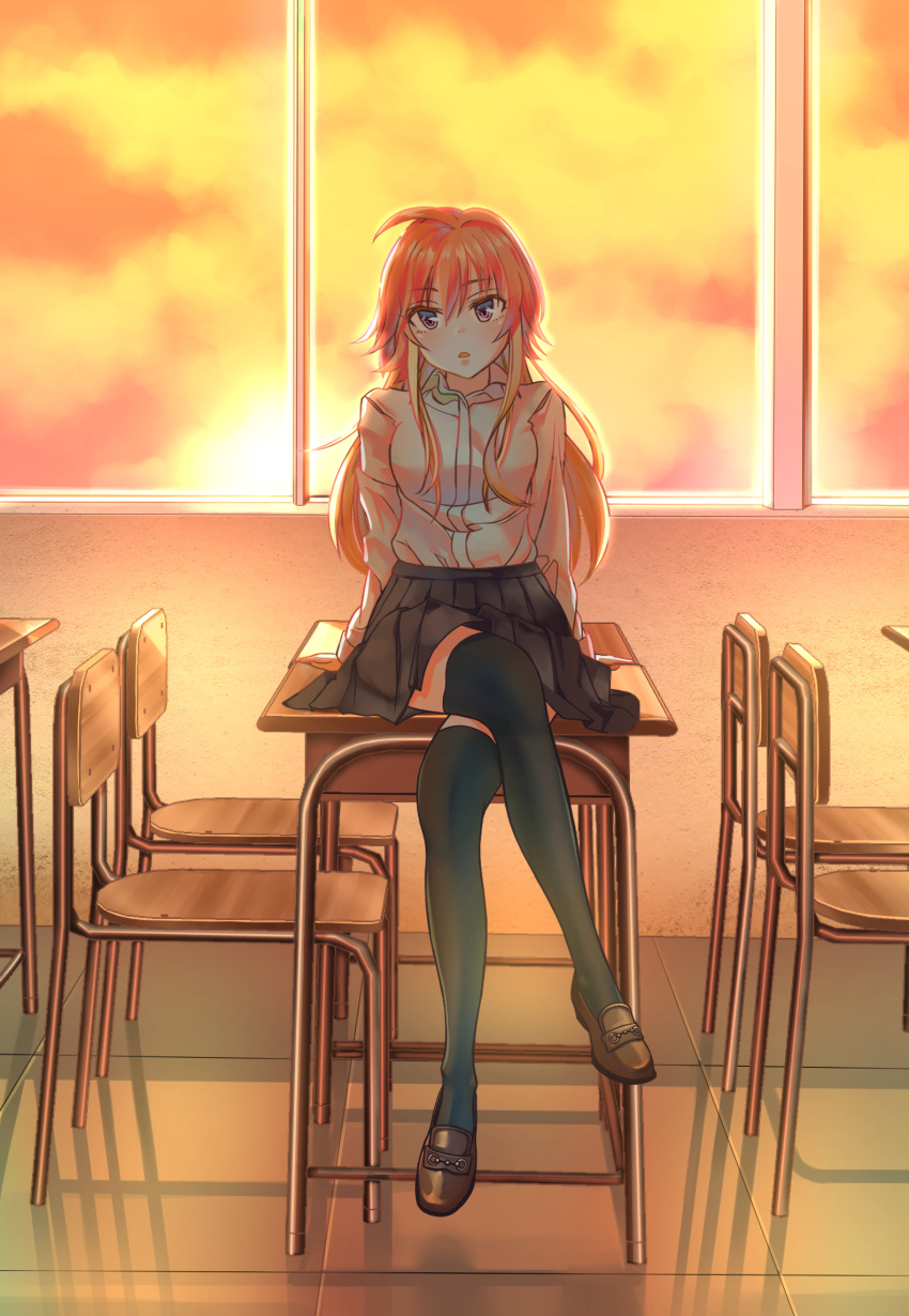1girl :o arm_support black_skirt black_thighhighs blush brown_footwear chair classroom commentary crossed_legs desk gonzz_(gon2rix) highres idolmaster idolmaster_cinderella_girls indoors long_hair looking_at_viewer ninomiya_asuka on_desk pleated_skirt school_chair school_desk school_uniform shirt shirt_tucked_in sitting sitting_on_desk skirt solo sunset thighhighs very_long_hair white_shirt