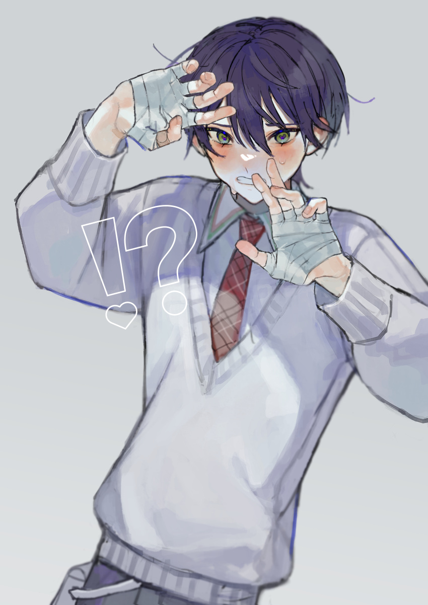 !? 1boy absurdres bandaged_arm bandages bishounen blush cowboy_shot grey_eyes heart heart-shaped_pupils highres kenmochi_touya male_focus necktie nijisanji open_mouth purple_hair red_necktie school_uniform short_hair simple_background solo sweat symbol-shaped_pupils tunena_mi virtual_youtuber white_background