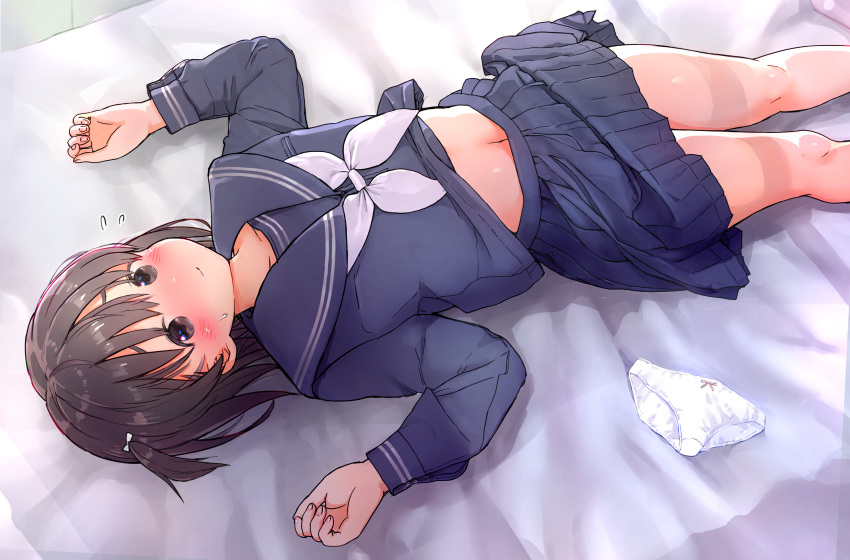 1girl absurdres bed_sheet blue_sailor_collar blue_serafuku blue_shirt blue_skirt blush bow bow_panties brown_eyes brown_hair closed_mouth clothes_lift commentary_request feet_out_of_frame flying_sweatdrops hands_up highres long_sleeves looking_at_viewer lying navel neckerchief on_back on_bed original panties puffy_long_sleeves puffy_sleeves sailor_collar school_uniform serafuku shirt shirt_lift skirt skirt_lift solo sweat umekko underwear unworn_panties white_neckerchief white_panties