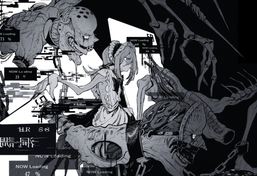 1girl amputee apron bald bald_girl ball_gag bow bowtie chain dress expressionless flat_chest gag greyscale long_hair maid_headdress monochrome monster monster_girl original red_hod skeleton skinny