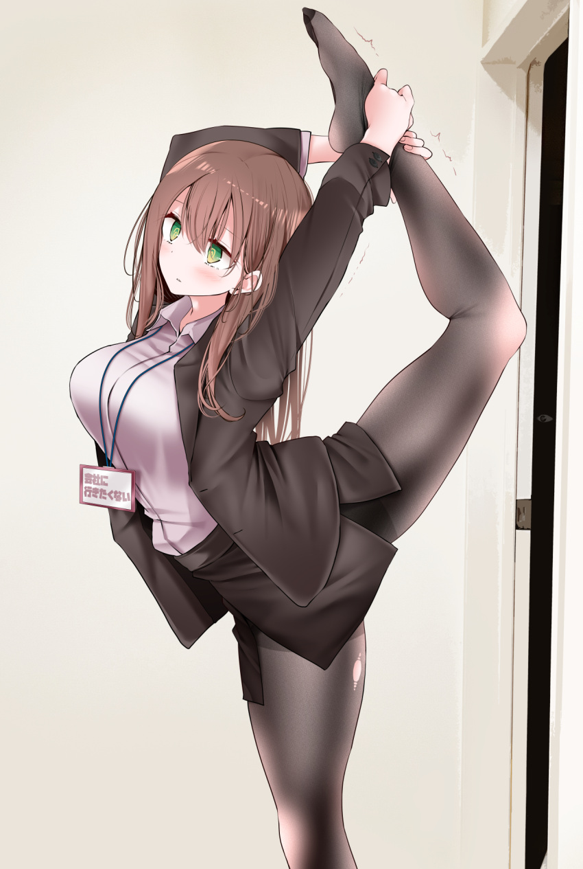 1girl arms_up black_coat black_pantyhose black_skirt breasts brown_hair coat collared_shirt commentary_request figure_available green_eyes grey_shirt highres lapels large_breasts long_hair long_sleeves looking_ahead ol-chan_(oouso) oouso original pantyhose pencil_skirt shirt skirt solo split standing standing_on_one_leg standing_split