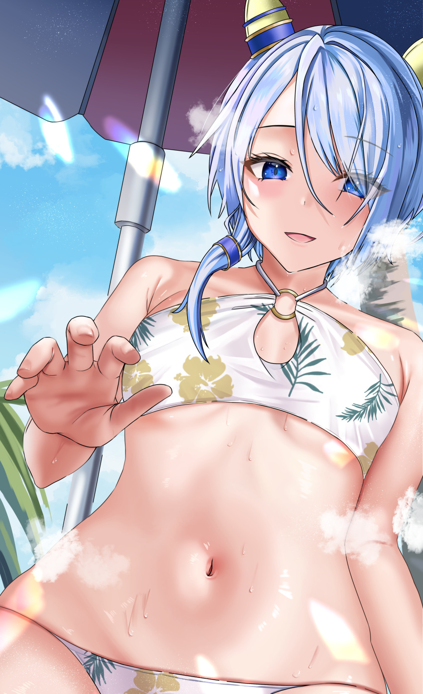 1girl absurdres alternate_costume animal_ears beach_umbrella blue_eyes blue_hair blue_sky blush cloud cloudy_sky commentary_request ear_covers ear_ornament floral_print_bikini hair_between_eyes highres horse_ears horse_girl k.s.miracle_(umamusume) light_blue_hair looking_at_viewer navel outdoors po_musubi short_hair short_ponytail sky smile solo umamusume umbrella visible_air