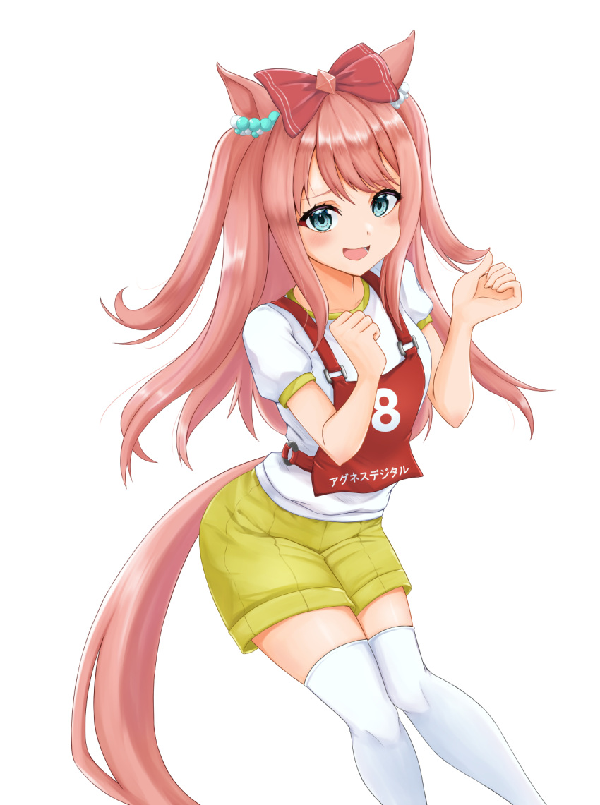 1girl agnes_digital_(umamusume) animal_ears blue_eyes bow character_name clenched_hands commentary ear_ornament gym_shirt gym_shorts gym_uniform hair_bow highres horse_ears horse_girl horse_tail kemuri_(etep3372) long_hair looking_at_viewer open_mouth pink_hair race_bib red_bow shirt short_sleeves shorts simple_background smile solo standing t-shirt tail thighhighs translated two_side_up umamusume white_background white_shirt white_thighhighs yellow_shorts