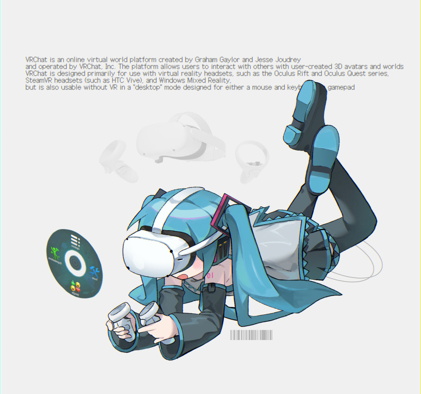 1girl barcode black_skirt black_sleeves blue_hair blue_necktie blue_shirt detached_sleeves english_text grey_background grey_shirt hair_ornament hatsune_miku head-mounted_display headphones highres holding htc_vive long_hair lying morizo_(morizoshop) necktie on_stomach open_mouth pleated_skirt shirt simple_background skirt sleeveless sleeveless_shirt solo twintails very_long_hair vocaloid vrchat