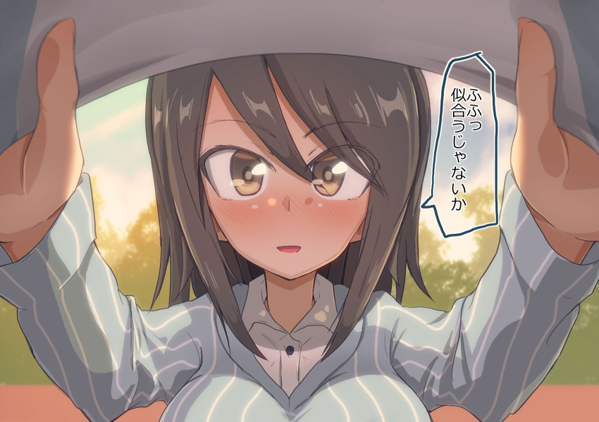 1girl blue_shirt brown_eyes brown_hair commentary day dress_shirt girls_und_panzer hat highres holding holding_clothes holding_hat jinguu_(4839ms) keizoku_school_uniform long_hair long_sleeves looking_at_viewer mika_(girls_und_panzer) open_mouth outdoors pov school_uniform shirt smile solo striped_clothes striped_shirt translated vertical-striped_clothes vertical-striped_shirt white_shirt wing_collar