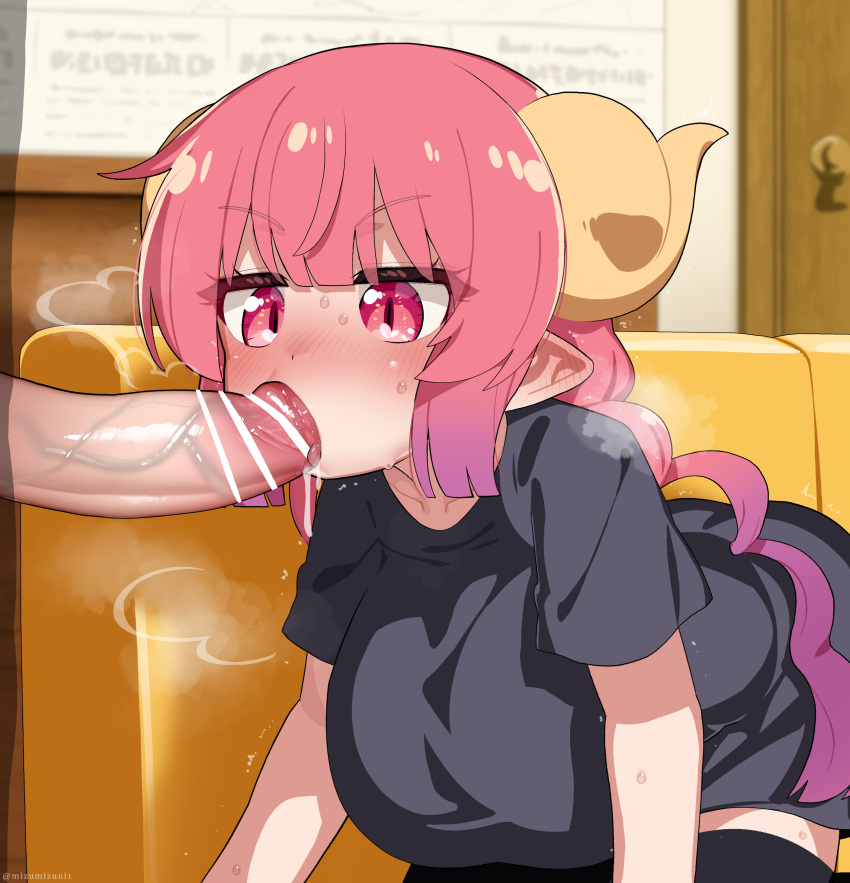 1boy 1girl ^^^ absurdres all_fours bar_censor black_shirt black_thighhighs blush breasts censored couch dragon_girl dragon_horns ear_blush erection fellatio gradient_hair heart heart_in_eye heavy_breathing hetero highres horns ilulu_(maidragon) indoors just_the_tip kobayashi-san_chi_no_maidragon mixed-language_commentary mizumizuni multicolored_hair nose_blush on_couch oral paid_reward_available penis pink_eyes pink_hair pointy_ears purple_hair saliva shirt short_sleeves slit_pupils solo_focus sweat symbol_in_eye thighhighs twintails variant_set veins veiny_penis yellow_horns