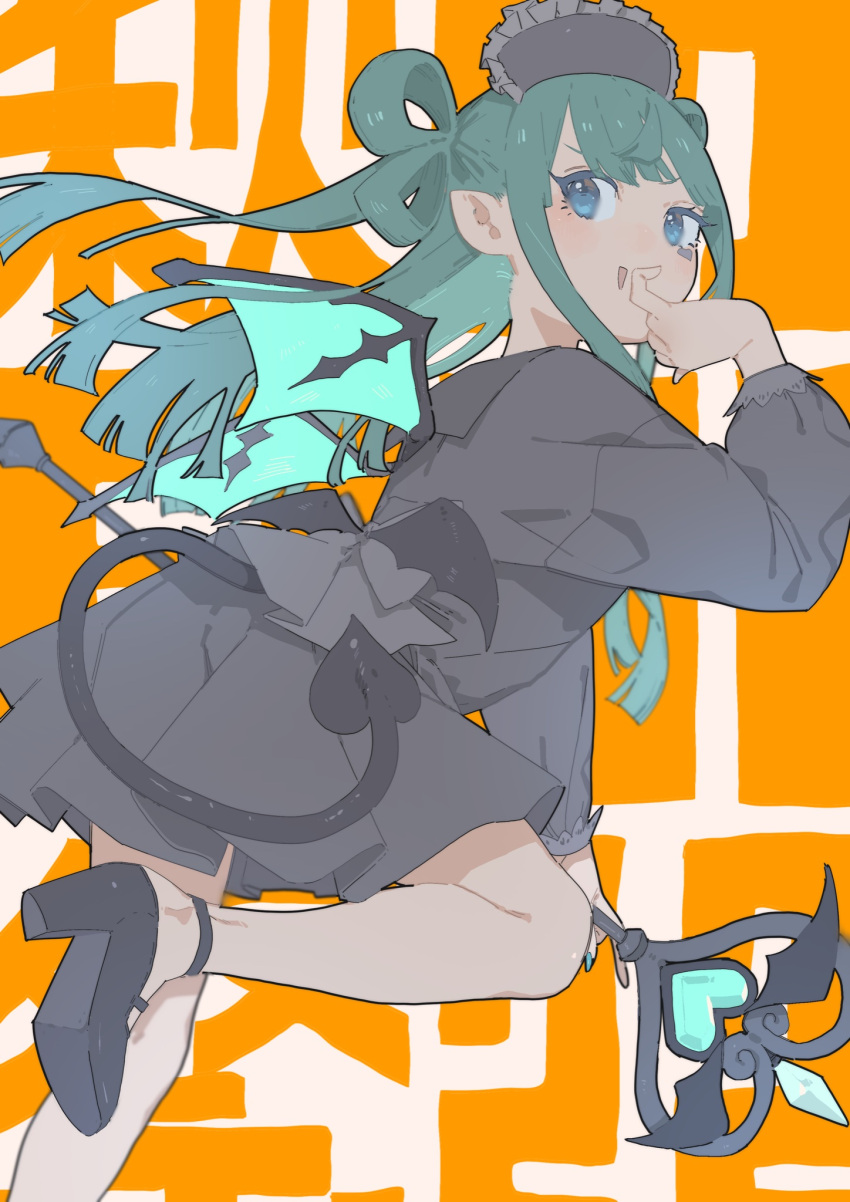 1girl :d bad_id bad_twitter_id black_dress black_footwear blue_eyes blunt_bangs demon_tail demon_wings dress green_hair hand_to_own_mouth hand_up high_heels highres holding holding_wand kemura_(puripurinea) long_hair long_sleeves looking_at_viewer open_mouth orange_background pointy_ears pretty_series pripara shoes smile solo standing tail text_background tsukikawa_chili wand wings
