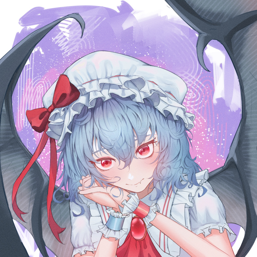 1girl absurdres bat_wings blue_hair hat hat_ribbon highres mob_cap own_hands_together red_eyes remilia_scarlet ribbon solo touhou wings zealh233