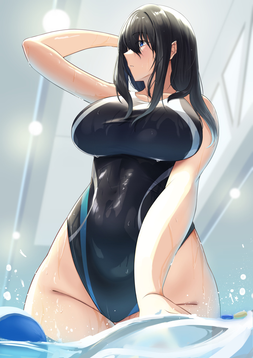 1girl absurdres arisugawa_ya bare_shoulders black_hair black_one-piece_swimsuit blue_eyes breasts collarbone competition_swimsuit from_below groin hair_between_eyes hand_in_own_hair highleg highleg_swimsuit highres idolmaster idolmaster_cinderella_girls large_breasts long_hair looking_to_the_side one-piece_swimsuit partially_submerged sagisawa_fumika solo swimsuit wet wet_clothes wet_swimsuit