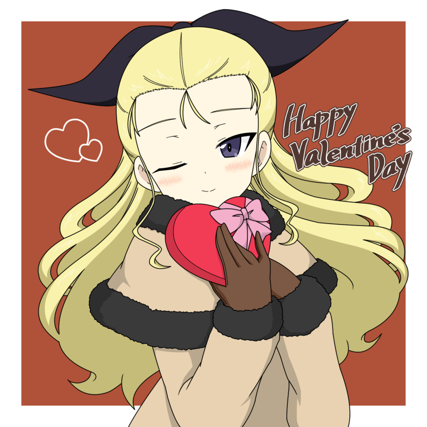 1girl assam_(girls_und_panzer) black_ribbon blonde_hair blue_eyes box brown_background brown_capelet brown_coat brown_gloves capelet closed_mouth coat commentary english_text fur-trimmed_capelet fur-trimmed_coat fur_trim gift girls_und_panzer gloves hair_pulled_back hair_ribbon happy_valentine heart heart-shaped_box highres holding holding_gift ichinose_jun long_hair long_sleeves looking_at_viewer one_eye_closed ribbon smile solo valentine