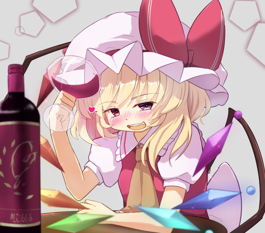 1girl ascot blonde_hair blush bottle crystal_wings cup drinking_glass flandre_scarlet hat hat_ribbon heart highres mob_cap red_ribbon red_wine ribbon side_ponytail sitting solo table taki.a01 touhou upper_body wine_bottle wine_glass yellow_ascot