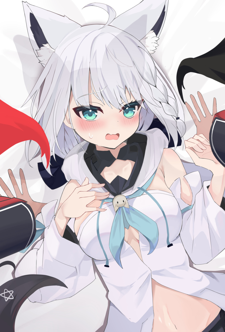 2girls absurdres ahoge animal_ear_fluff animal_ears aqua_eyes black_sleeves blush braid breasts detached_sleeves fox_ears fox_girl hand_on_own_chest highres hololive hood hoodie long_hair looking_at_viewer lying medium_breasts multiple_girls on_back ookami_mio ookami_mio_(1st_costume) open_mouth polyethyle shirakami_fubuki shirakami_fubuki_(1st_costume) single_braid virtual_youtuber white_hair white_hoodie white_sleeves