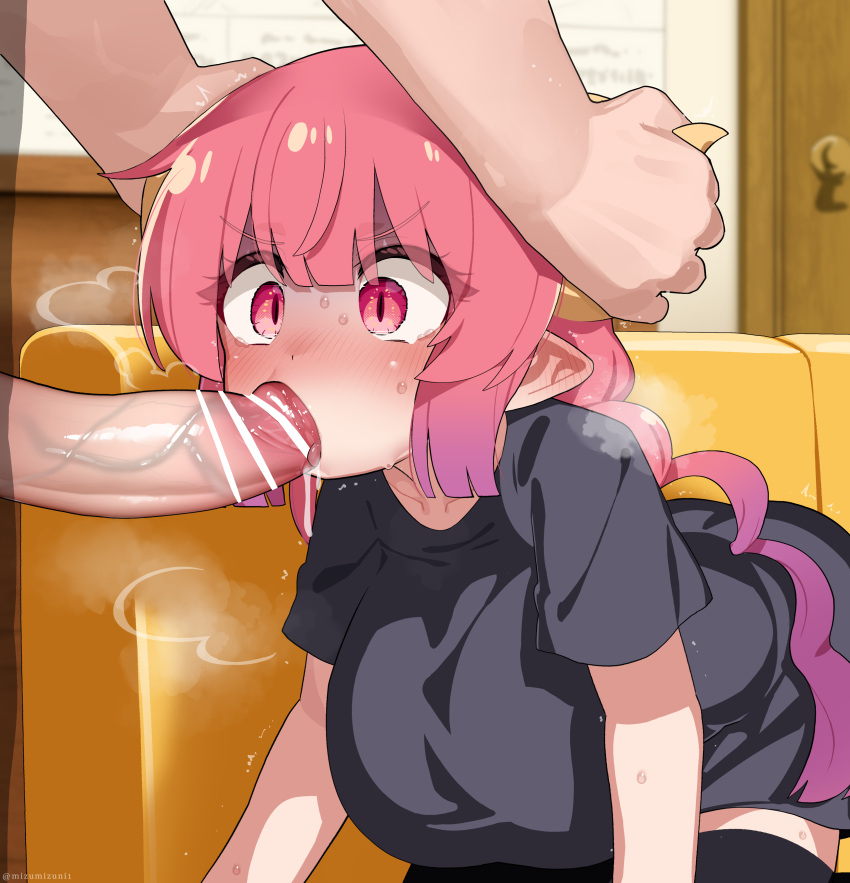 1boy 1girl ^^^ absurdres all_fours bar_censor black_shirt black_thighhighs blush breasts censored couch dragon_girl dragon_horns ear_blush erection fellatio gloom_(expression) gradient_hair heavy_breathing hetero highres horn_grab horns ilulu_(maidragon) imminent_irrumatio indoors just_the_tip kobayashi-san_chi_no_maidragon mixed-language_commentary mizumizuni multicolored_hair nose_blush on_couch oral paid_reward_available penis pink_eyes pink_hair pointy_ears purple_hair saliva saliva_on_penis shirt short_sleeves slit_pupils solo_focus sweat tearing_up thighhighs twintails v-shaped_eyebrows variant_set veins veiny_penis yellow_horns