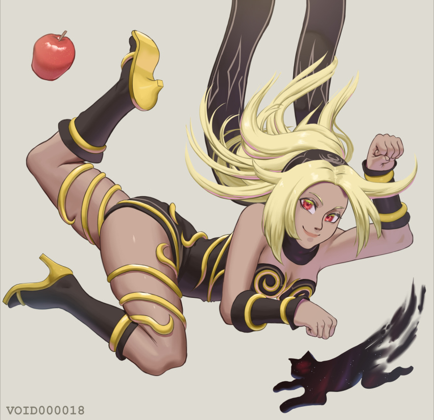 apple black_scarf blonde_eyebrows blonde_hair cat commentary_request dark_skin english_commentary floating floating_hair food fruit gravity_daze highres kitten_(gravity_daze) mixed-language_commentary paw_pose red_eyes scarf smile thick_thighs thighs void000018