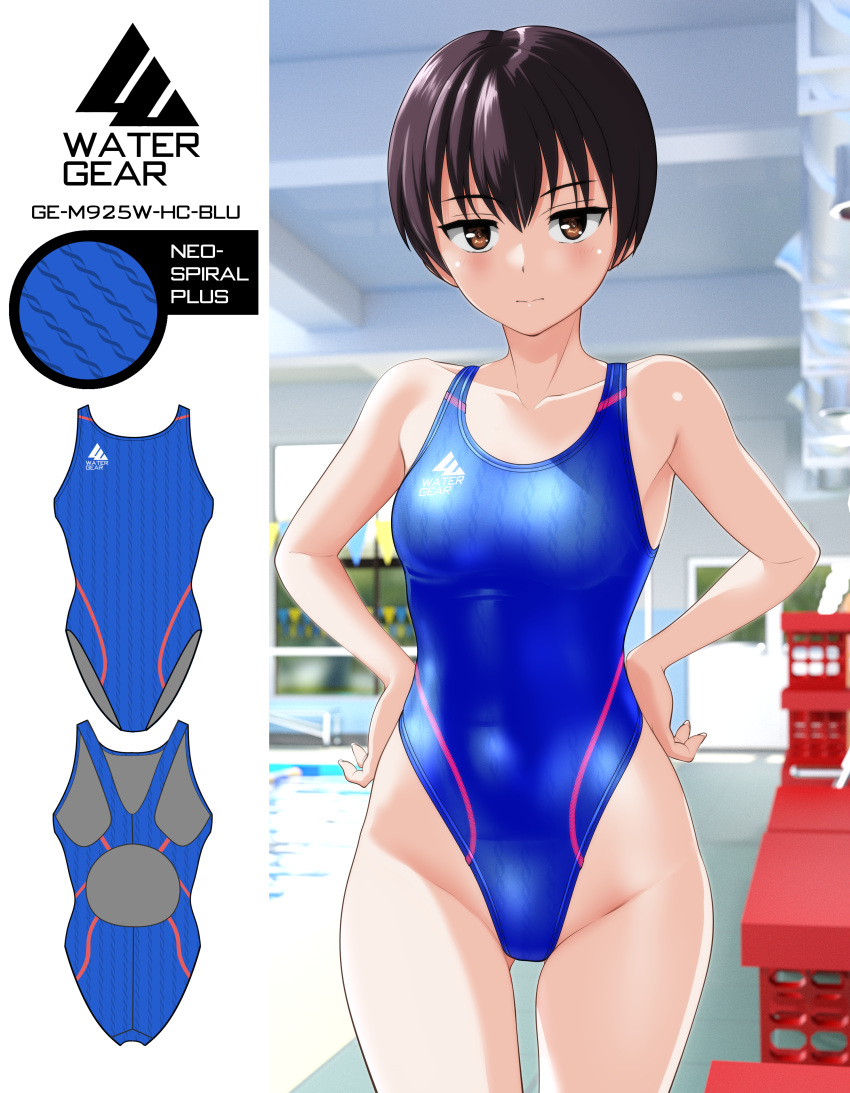 1girl absurdres ad black_hair blue_one-piece_swimsuit breasts brown_eyes collarbone commentary_request competition_swimsuit covered_navel cowboy_shot groin hands_on_own_hips highleg highleg_swimsuit highres indoors looking_at_viewer medium_breasts one-piece_swimsuit original poolside short_hair solo string_of_flags swimsuit takafumi tomboy variant_set