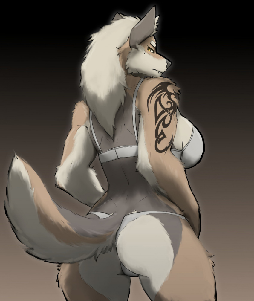 anthro big_breasts bra breasts butt canid canine canis clothing female fur hi_res looking_back mammal markings mature_female mole_(marking) panties ququqee399e rear_view simple_background solo standing tail tan_body tan_fur underwear wolf