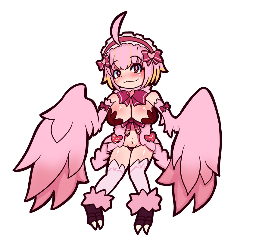 1girl absurdres ahoge animal_feet bare_shoulders blush breasts commentary_request feathered_wings feathers harpy heart highres jubjub_(monster_girl_encyclopedia) looking_at_viewer monster_girl monster_girl_encyclopedia navel nuggets_(cokekock) pink_feathers pink_hair pink_thighhighs pink_wings red_eyes short_hair simple_background solo talons thighhighs white_background winged_arms wings