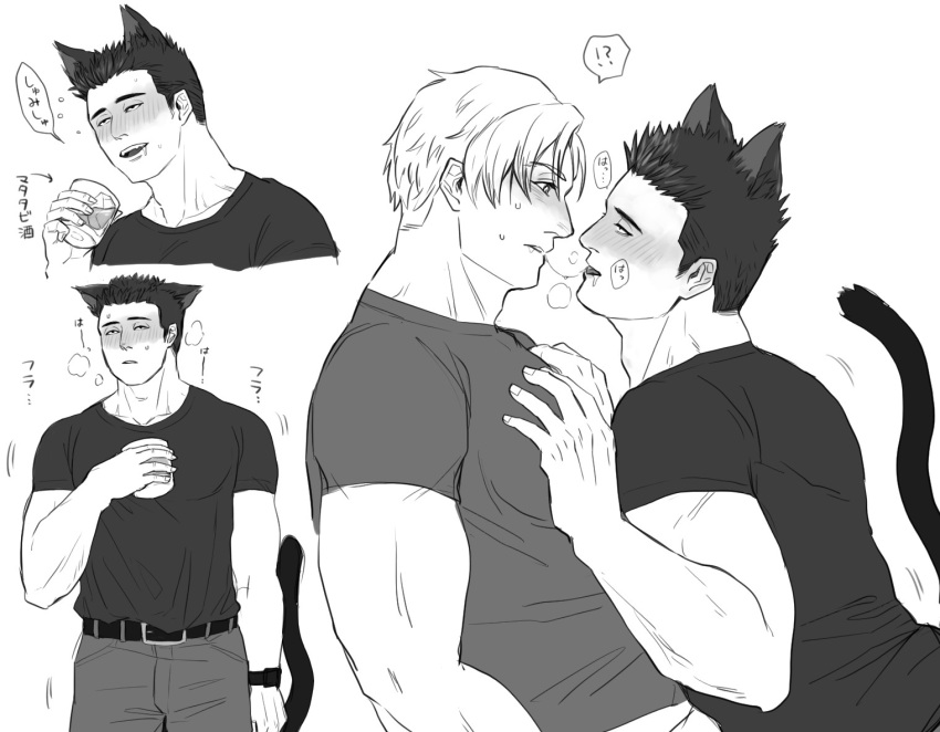 2boys after_kiss animal_ears ao_isami bara black_hair blonde_hair blush cat_boy cat_ears cat_tail collage couple facial_hair from_side grabbing greyscale kemonomimi_mode large_pectorals lewis_smith male_focus medium_sideburns monochrome multiple_boys muscular muscular_male nijim pectoral_grab pectorals profile saliva saliva_trail seductive_smile sideburns_stubble smile squeans stubble surprised tail thick_eyebrows toned toned_male yaoi yuuki_bakuhatsu_bang_bravern