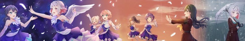 6+girls :d ;d absurdres angel_wings arm_at_side armband armpit_cutout armpits asymmetrical_dress black_armband black_gloves blonde_hair blue_dress blue_eyes blue_hair braid brown_dress brown_eyes brown_hair closed_eyes clothing_cutout colored_inner_hair commentary crossed_bangs crying dark_blue_hair detached_sleeves diagonal_bangs double-parted_bangs dress earrings falling_feathers feathers french_braid fujishima_megumi gloves gradient_hair green_eyes green_hair hair_bun hair_ornament hairband hairclip hand_up hasu_no_sora_school_uniform high_heels high_ponytail highres hinoshita_kaho holding holding_umbrella incredibly_absurdres jewelry kyaku_tatsu link!_like!_love_live! long_hair long_sleeves looking_at_another love_live! mole mole_on_neck multicolored_clothes multicolored_dress multicolored_hair multiple_girls murano_sayaka neckerchief night one_eye_closed oogami_sachi open_mouth orange_hair osawa_rurino otomune_kozue outstretched_arms parted_bangs pleated_dress purple_eyes purple_hair rain reaching red_eyes red_hair red_neckerchief running sailor_collar sailor_dress school_uniform short_hair sidelocks signature single-shoulder_dress single_detached_sleeve single_hair_bun sleeveless sleeveless_dress smile standing star_(symbol) star_hair_ornament streaked_hair sunset transparent transparent_umbrella tsubasa_la_liberte_(love_live!) umbrella waving wavy_hair white_dress white_feathers white_footwear white_hairband white_sailor_collar wide_image wings winter_uniform yellow_neckerchief yugiri_tsuzuri