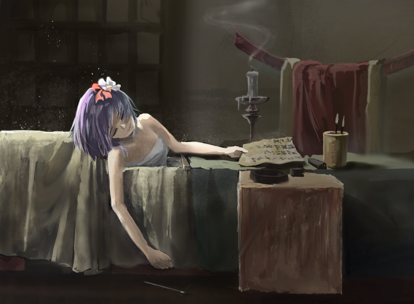 1girl alternate_costume candle candle_wax candlestand closed_eyes closed_mouth fine_art_parody flower hair_flower hair_ornament hieda_no_akyuu highres holding holding_paper long_hair paper parody purple_hair smoke solo the_death_of_marat touhou zhuxie1264852