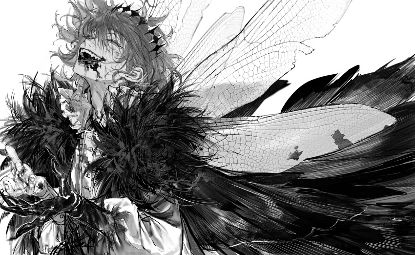 1boy au_(d_elete) black_hands blood blood_on_clothes blood_on_face cape collared_shirt diamond_hairband fate/grand_order fate_(series) fingernails from_side fur-trimmed_cape fur_trim greyscale grin hair_between_eyes hair_floating_upwards head_tilt highres insect_wings looking_at_viewer male_focus monochrome oberon_(fate) oberon_(third_ascension)_(fate) open_mouth shirt simple_background smile solo teeth torn_wings upper_body wings