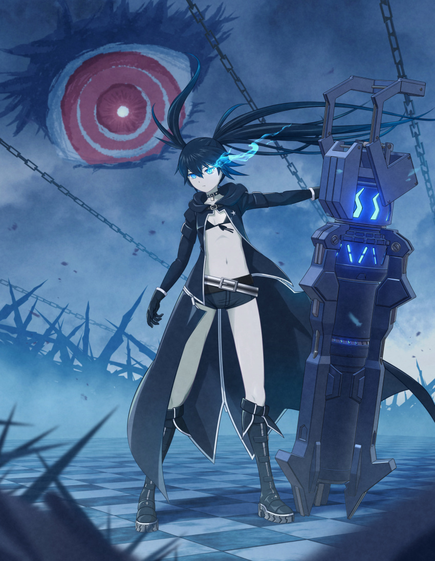 1girl 32zzz bikini bikini_top_only bikini_under_clothes black_bikini black_coat black_footwear black_hair black_ribbon black_rock_shooter black_rock_shooter:_dawn_fall black_rock_shooter_(character) black_shorts blue_eyes blurry blurry_foreground boots checkered_floor coat flaming_eye flat_chest floating_hair front-tie_bikini_top front-tie_top full_body highres hood hood_down hooded_coat knee_boots long_hair midriff navel no_shirt open_clothes open_coat red_eyes revision ribbon short_shorts shorts solo standing stomach swimsuit twintails very_long_hair