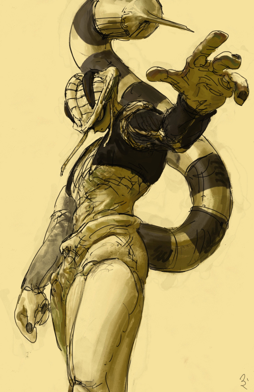 1boy absurdres brown_theme feet_out_of_frame highres hunter_x_hunter male_focus meruem oku_(2964_okn) outstretched_arm reaching reaching_towards_viewer reptile_boy serious shaded_face solo standing tail_raised thick_tail toned toned_male unfinished