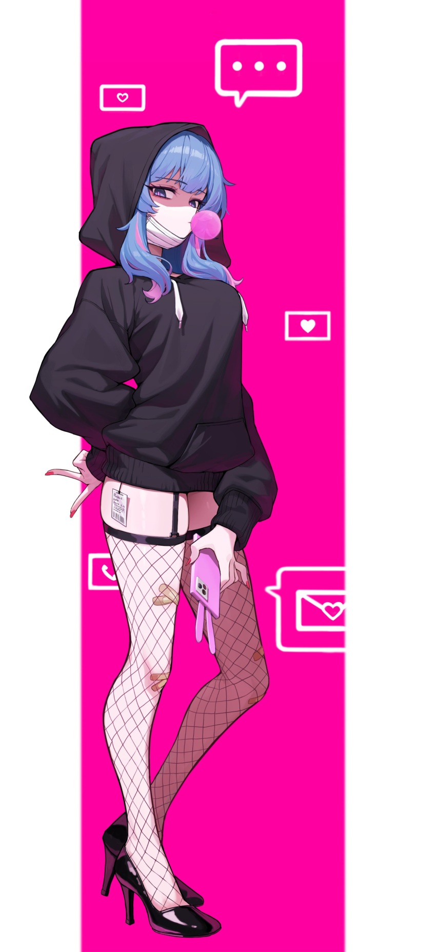 1girl absurdres bandaid bandaid_on_leg black_hoodie black_thighhighs blue_eyes blue_hair breasts cellphone chewing_gum fishnet_thighhighs fishnets full_body garter_straps goeleu hatsune_miku heart highres holding holding_phone hood hood_up hoodie mask medium_breasts medium_hair mouth_mask multicolored_hair phone pink_background pink_eyes pink_hair pink_nails price_tag rabbit_hole_(vocaloid) smartphone smartphone_case solo streaked_hair surgical_mask thighhighs unworn_mask vocaloid