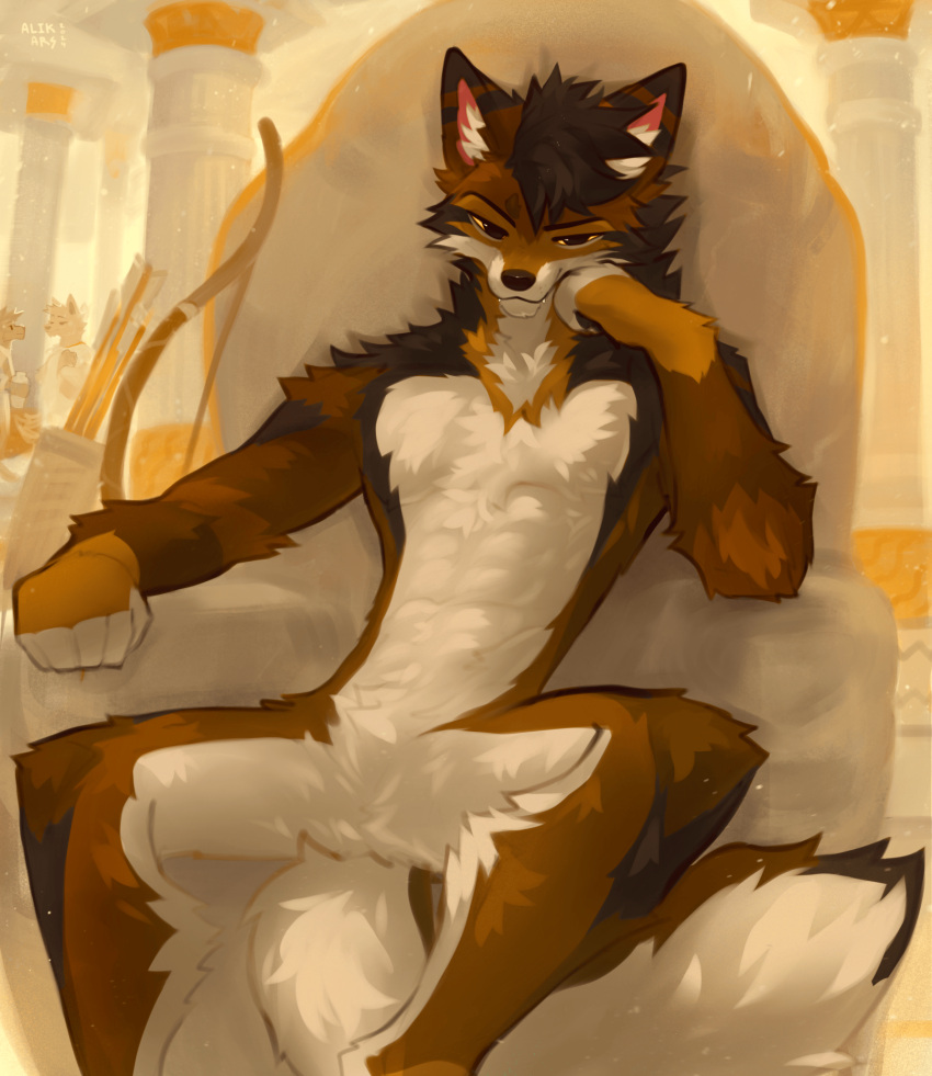 alikars ancient_rome anthro arm_support bedroom_eyes bow_(weapon) canid canine canis chair cheek_tuft digitigrade facial_tuft fangs featureless_crotch fluffy fluffy_tail fur furniture hair hi_res leaning_on_elbow looking_at_viewer male mammal narrowed_eyes neck_tuft nude ranged_weapon seductive sitting smile smiling_at_viewer solo spread_legs spreading tail teeth throne tuft weapon wolf