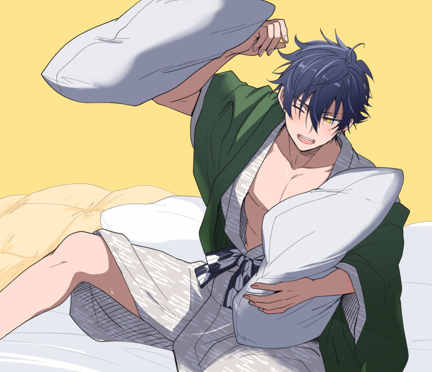 1boy bed_sheet blue_hair blush ensemble_stars! fangs hair_between_eyes hakama highres holding holding_pillow japanese_clothes light_smile looking_to_the_side male_focus obi one_eye_closed open_clothes open_mouth open_shirt pectorals pillow pillow_fight pillow_grab sash sazanami_jun short_hair simple_background solo toroi_(run01211) upper_body yellow_background yellow_eyes