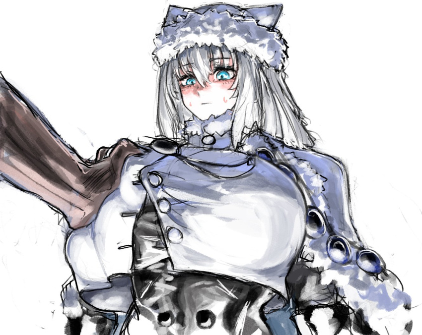 1girl breasts capelet cat_girl dobrynya_nikitich_(fate) dobrynya_nikitich_(first_ascension)_(fate) fate/grand_order fate_(series) fur-trimmed_capelet fur-trimmed_headwear fur_trim grabbing grabbing_another's_breast maabo_harusame white_hair