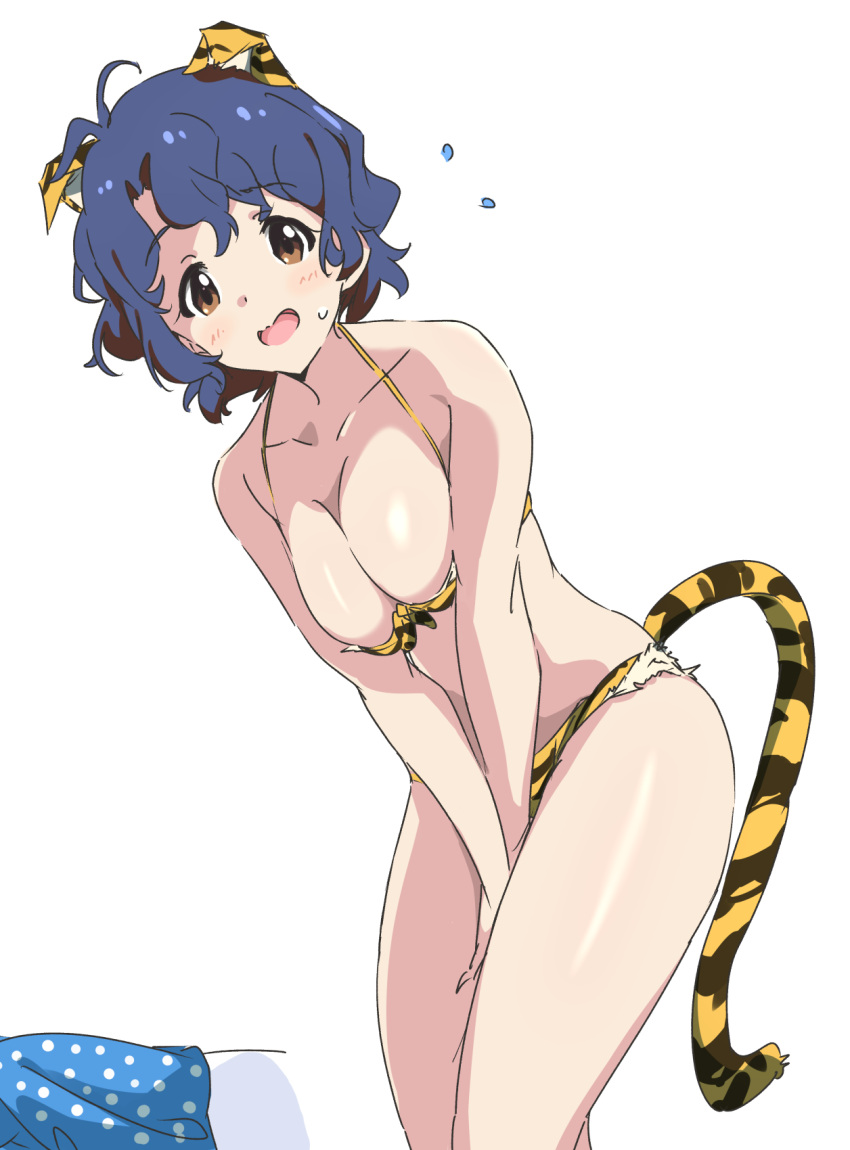 1girl animal_ears animal_print antenna_hair bikini blue_hair blush breasts brown_eyes cleavage collarbone flying_sweatdrops highres idolmaster idolmaster_million_live! large_breasts looking_at_viewer open_mouth short_hair simple_background solo sweatdrop swimsuit tail tiger_ears tiger_print tiger_tail toyokawa_fuka umanosuke wavy_hair white_background