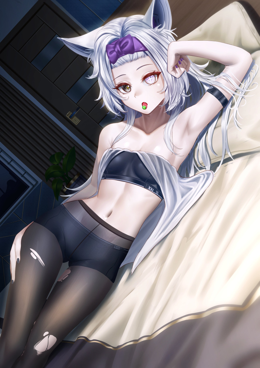 1girl absurdres animal_ears bare_arms black_bra black_panties black_pantyhose bra breasts cross-shaped_pupils fang food_in_mouth grey_eyes grey_hair hair_intakes hairband heterochromia highres indoors manjo_(warito) mechanical_ears mismatched_pupils navel no.21:_feral_scent_(punishing:_gray_raven) no.21_(punishing:_gray_raven) open_mouth panties pantyhose punishing:_gray_raven purple_hairband purple_nails sidelocks small_breasts solo sports_bra symbol-shaped_pupils torn_clothes torn_pantyhose underwear wolf_ears