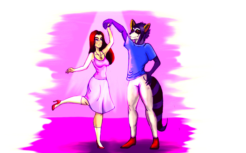 clothing cute dancing dress duo female friendship fur gay grey_fur hair human invalid_color legwear male mammal necklace raccoon red_eyes red_hair shirt slippers tights