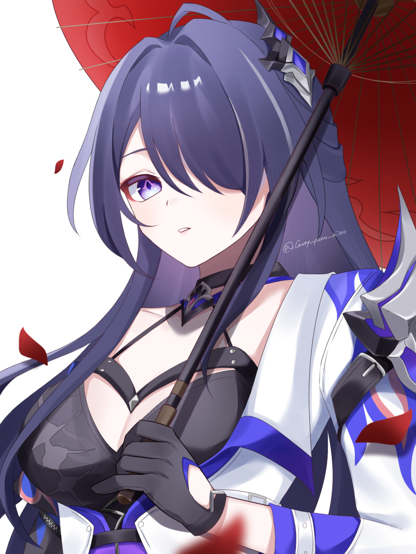 1girl acheron_(honkai:_star_rail) black_choker black_gloves breasts choker cleavage commentary gloves hair_ornament hair_over_one_eye highres holding holding_umbrella honkai:_star_rail honkai_(series) kino_(curry_pan) long_hair looking_at_viewer multicolored_hair oil-paper_umbrella purple_eyes purple_hair red_umbrella revision simple_background solo streaked_hair umbrella upper_body very_long_hair white_background