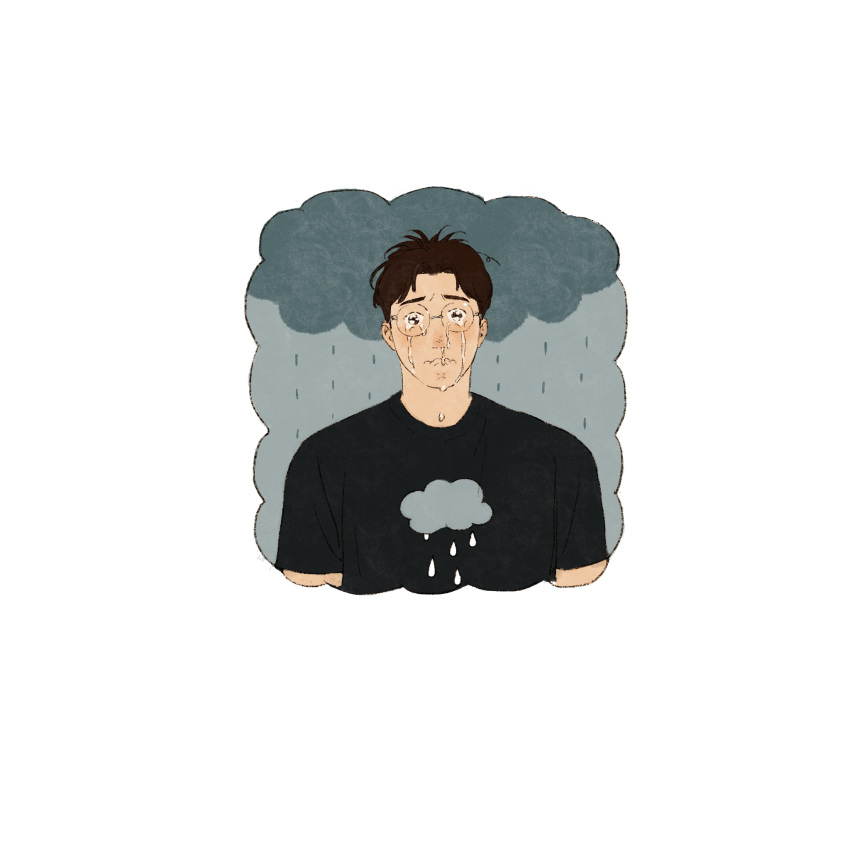 1boy black_shirt brown_hair chengongzi123 closed_mouth cloud crying crying_with_eyes_open dark_clouds glasses grey_background highres kogure_kiminobu male_focus rain rimless_eyewear shirt short_hair short_sleeves simple_background slam_dunk_(series) tears upper_body very_short_hair