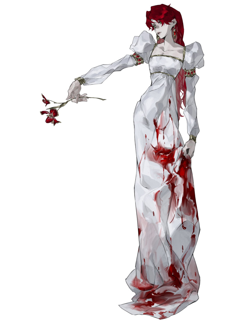 1girl blood blood_on_clothes blood_splatter bracelet dress earrings flower gem h8_syy highres holding holding_flower jewelry looking_at_object original pale_skin red_flower red_hair solo white_dress yellow_eyes
