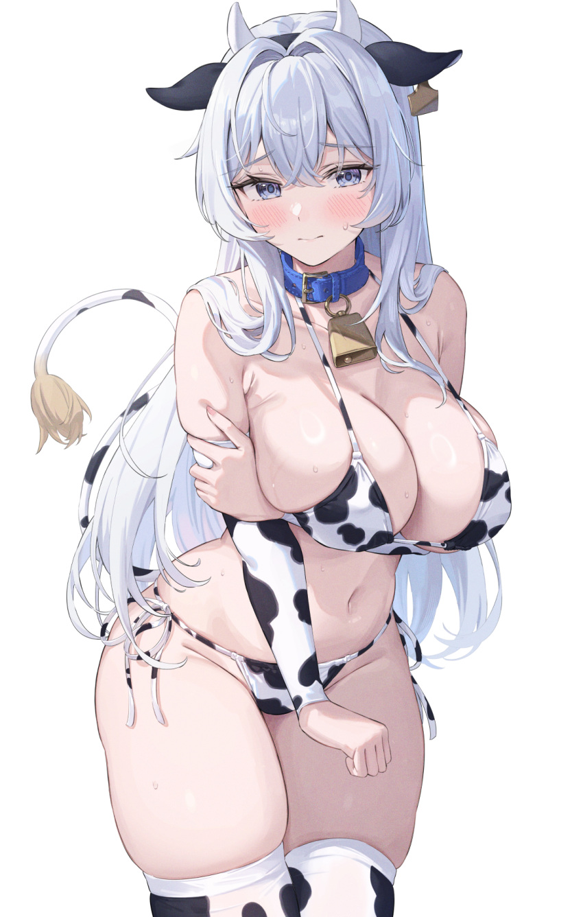 1girl animal_ears animal_print arm_under_breasts bell bikini blush breasts closed_mouth commentary_request cow_ears cow_girl cow_horns cow_print cow_print_bikini cow_tail cowbell crossed_bangs curvy grabbing_own_arm grey_eyes hair_between_eyes highres horns large_breasts long_hair looking_at_viewer navel original print_bikini sg_(satoumogumogu) simple_background solo standing swimsuit tail thighhighs white_background white_bikini white_hair white_thighhighs