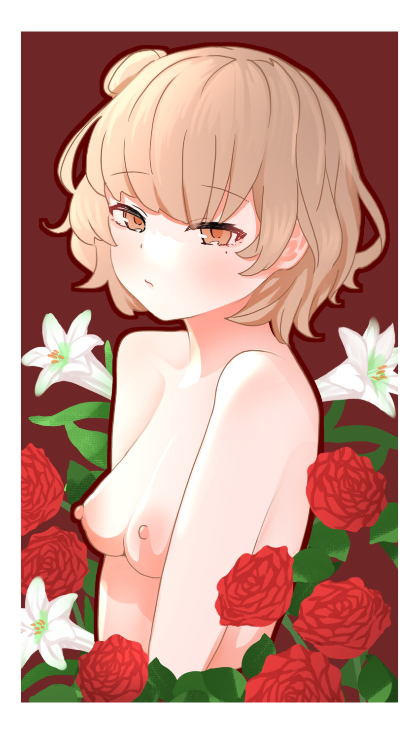 1girl :/ blush border breasts brown_eyes brown_hair closed_mouth completely_nude flower from_side garaku_hfd hair_bun half-closed_eyes hatoba_tsugu highres lily_(flower) looking_at_viewer looking_to_the_side medium_breasts mole mole_under_eye nipples nude raised_eyebrows red_background red_flower red_rose rose short_hair simple_background single_side_bun solo tsugu_(vtuber) upper_body virtual_youtuber white_border white_flower