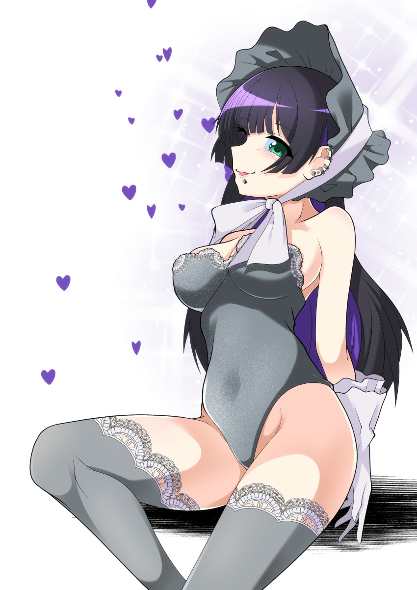 1girl absurdres bare_shoulders black_hair bocchi_the_rock! bonnet breasts chin_piercing colored_inner_hair commentary_request covered_navel ear_piercing earrings gloves green_eyes grey_leotard grey_thighhighs highres hime_cut jewelry lace-trimmed_thighhighs large_breasts leotard long_hair multicolored_hair official_alternate_costume pa-san piercing purple_hair qtarou sitting solo strapless strapless_leotard thighhighs two-tone_hair white_gloves