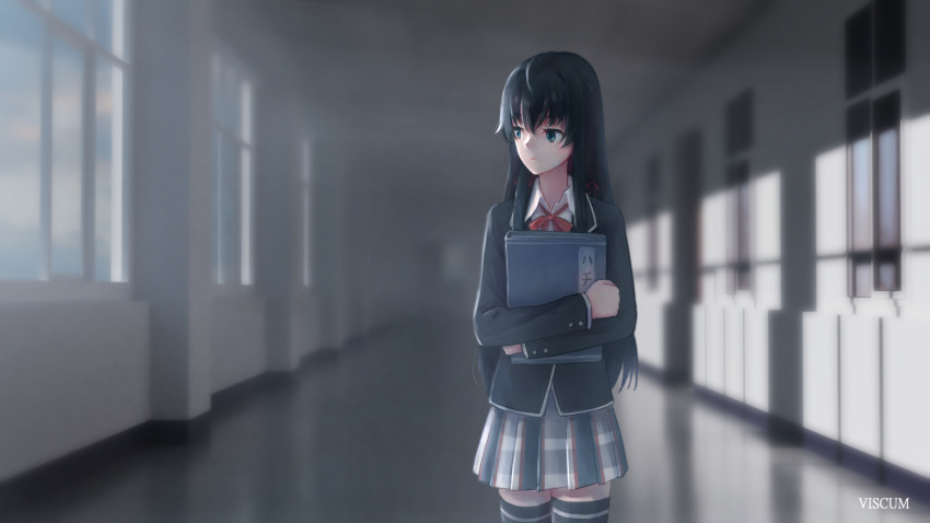 1girl ahoge artist_name black_hair black_jacket black_thighhighs blazer blue_eyes closed_mouth hair_ribbon hallway highres holding holding_notebook indoors jacket long_hair long_sleeves neck_ribbon notebook plaid plaid_skirt red_ribbon ribbon school_uniform skirt sobu_high_school_uniform thighhighs viscum yahari_ore_no_seishun_lovecome_wa_machigatteiru. yukinoshita_yukino zettai_ryouiki