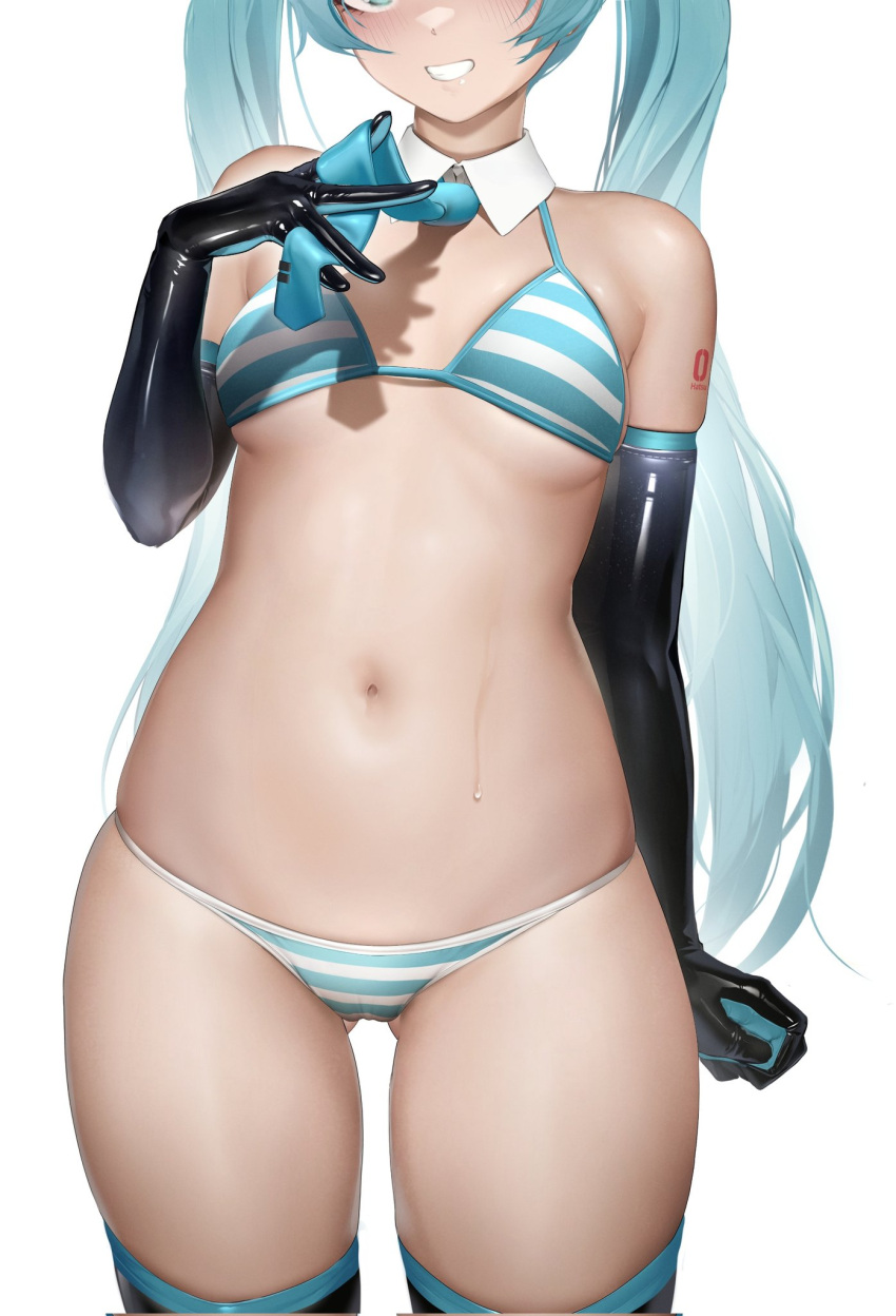 1girl ass_visible_through_thighs bikini black_gloves blue_eyes blue_hair blue_necktie breasts detached_collar elbow_gloves gloves hand_up hatsune_miku highres holster long_hair navel necktie nine_(kanine41) skindentation small_breasts smile solo striped_bikini striped_clothes sweatdrop swimsuit teeth thigh_holster twintails vocaloid