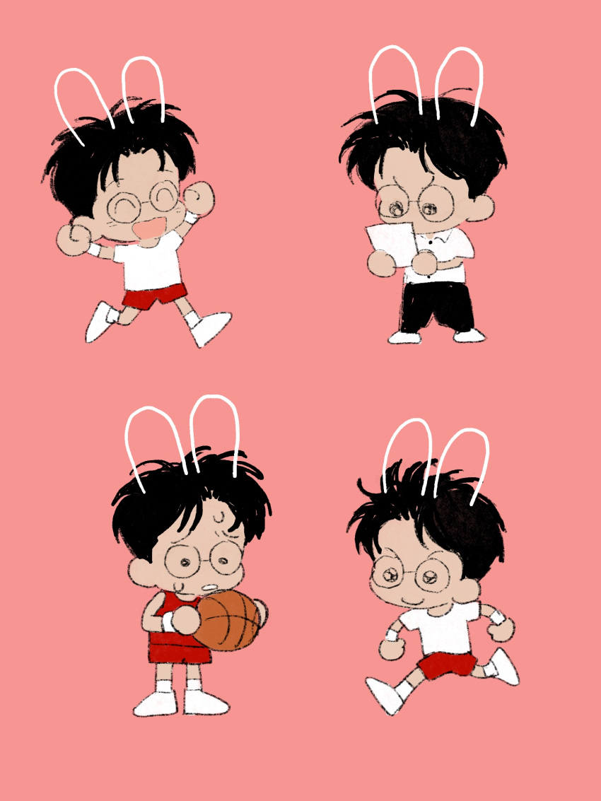 1boy animal_ears arms_up ball basketball_(object) basketball_uniform black_hair chengongzi123 chibi closed_eyes drawn_ears full_body glasses hands_up highres holding holding_ball holding_paper kogure_kiminobu male_focus multiple_views open_mouth paper pink_background rabbit_ears round_eyewear running short_hair simple_background slam_dunk_(series) sportswear standing very_short_hair